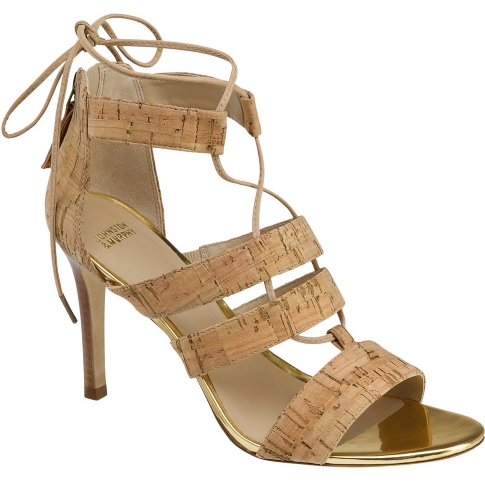 Johnston & Murphy Natasha Ghillie Natural Cork Strappy Heels
